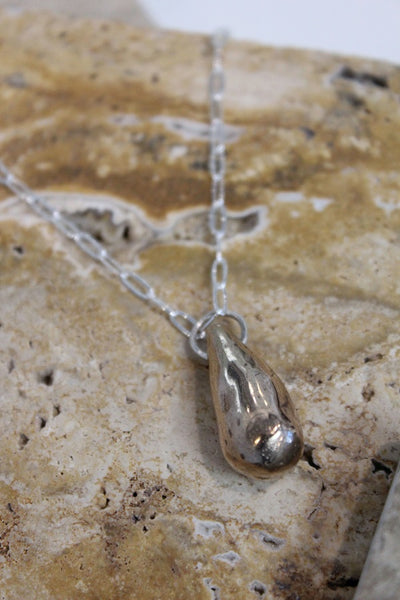 Bronze Pendant, Hand Formed Droplet Pebble on Silver Chain - #130