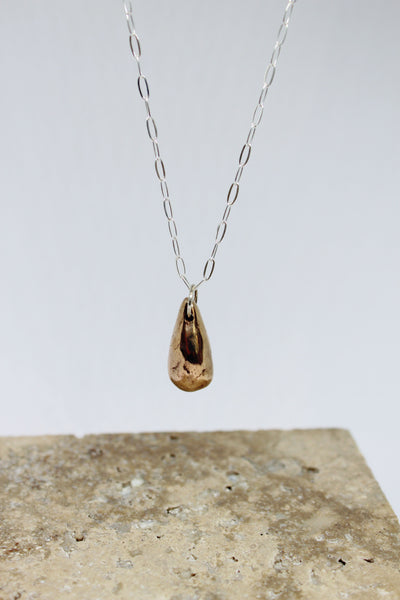 Bronze Pendant, Hand Formed Droplet Pebble on Silver Chain - #130