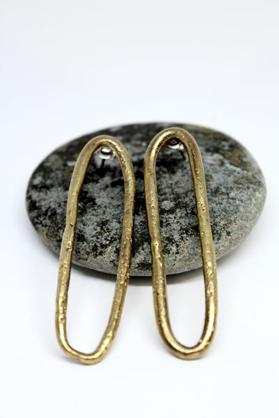 Brass Hand Formed, Long Hoop Stud Earrings- #69