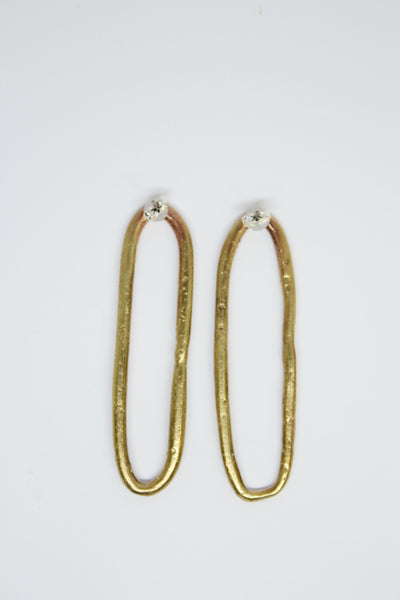 Brass Hand Formed, Long Hoop Stud Earrings- #69