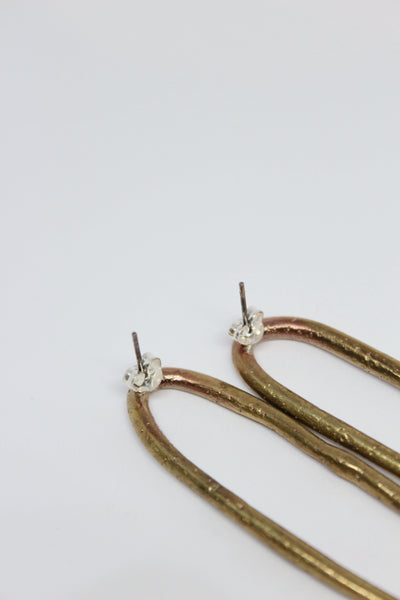 Brass Hand Formed, Long Hoop Stud Earrings- #69