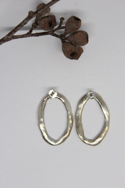 Silver, Hand Formed, Oval Stud Earrings- #71