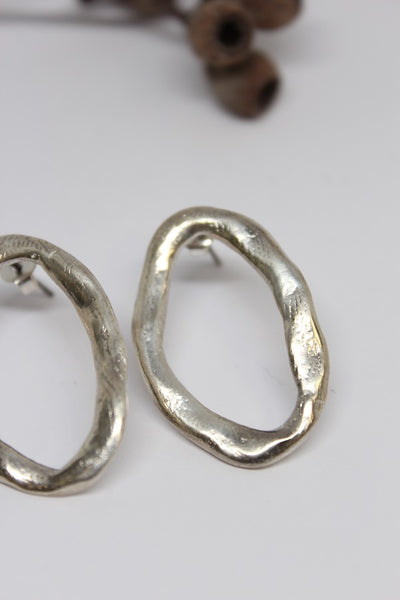 Silver, Hand Formed, Oval Stud Earrings- #71