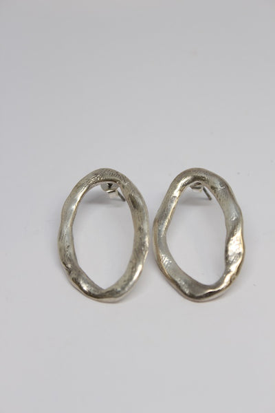 Silver, Hand Formed, Oval Stud Earrings- #71