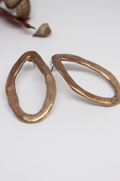 Bronze, Hand Formed, Oval Stud Earrings- #73