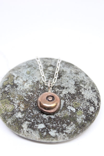 Bronze Pendant, Hand Formed Pebble on Silver Chain  - #79