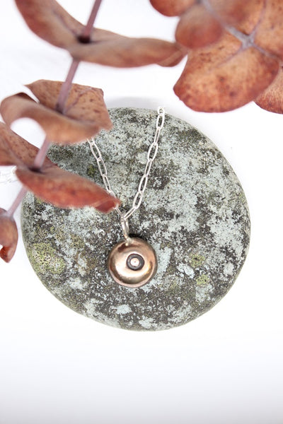 Bronze Pendant, Hand Formed Pebble on Silver Chain  - #79