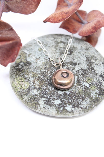 Bronze Pendant, Hand Formed Pebble on Silver Chain  - #79