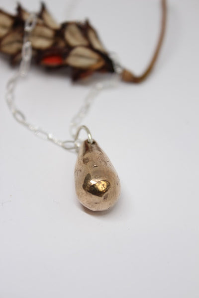 Bronze Pendant, Hand Formed Droplet Pebble on Silver Chain - #130