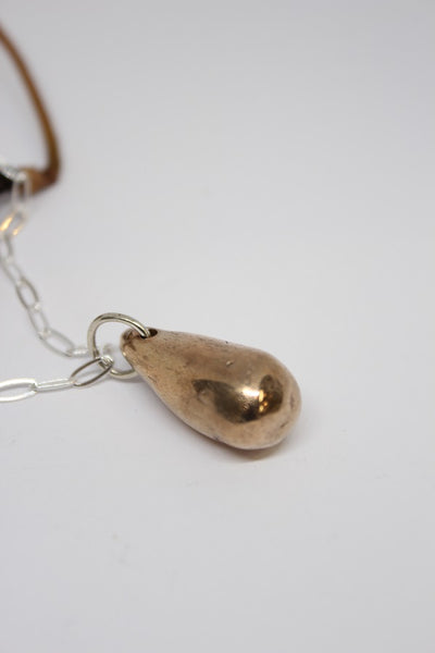 Bronze Pendant, Hand Formed Droplet Pebble on Silver Chain - #130