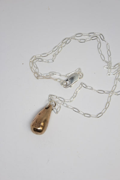 Bronze Pendant, Hand Formed Droplet Pebble on Silver Chain - #130
