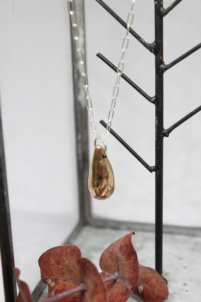 Bronze Pendant, Hand Formed Droplet Pebble on Silver Chain - #130