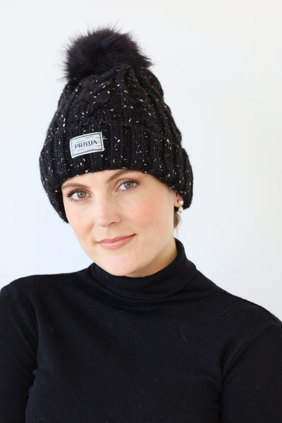 Fleck Pom Pom Cable Beanie | Black- SALE!! Was $48 now $29